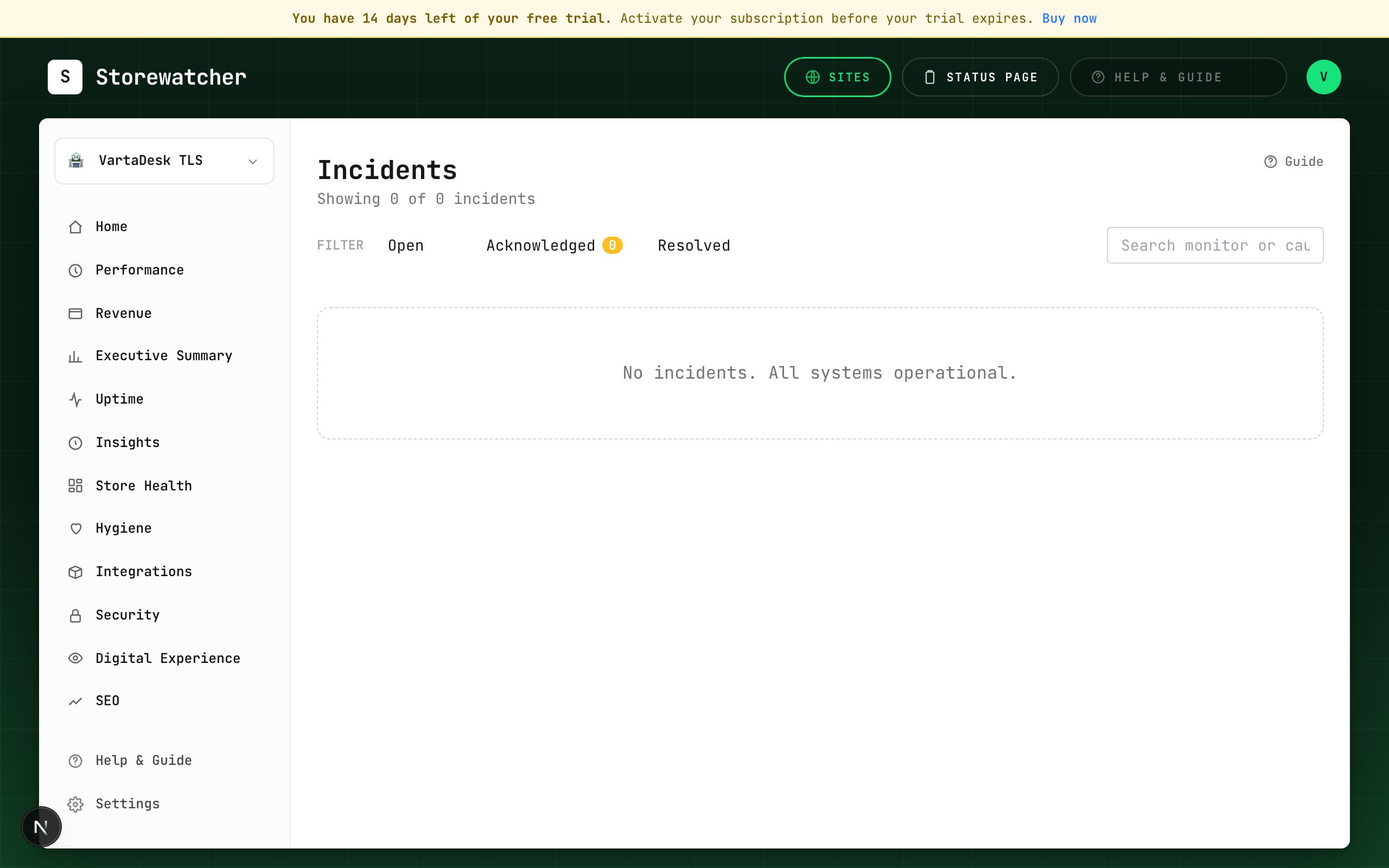 Incidents — ack, diagnose, resolve. AI drafts stay unpublished until you say so.